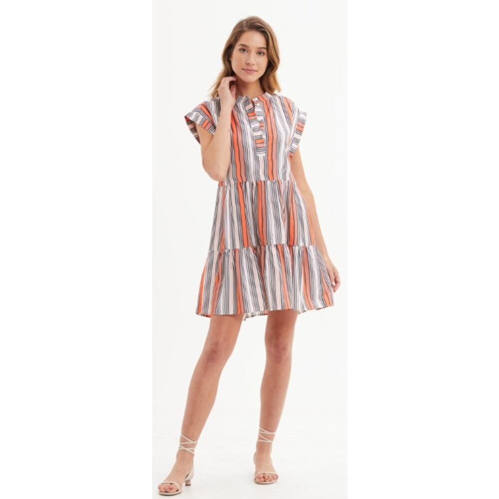 Marie Oliver Lachlan Dress Short Sleeve Orange Pink Striped Womens XS